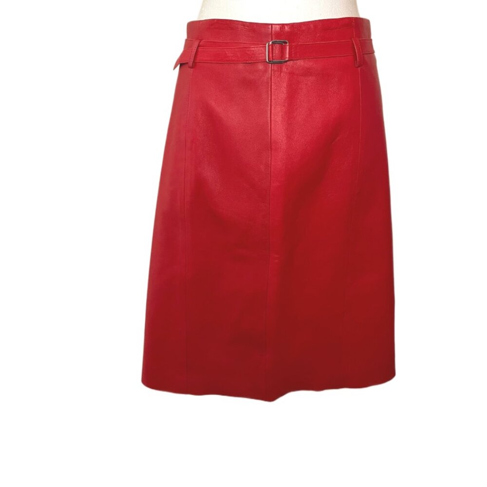 BCBG A Line Red 100% Leather Knee Length Belted Lined Skirt Size 6
